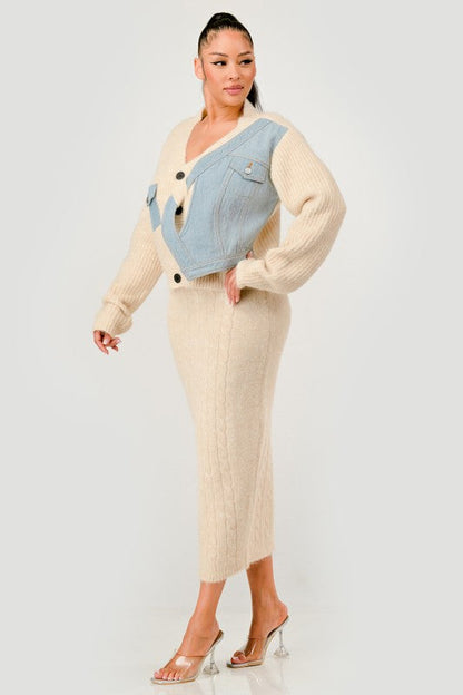Denim Patchwork Knit Two-Piece Skirt Set See size chart under “more details”