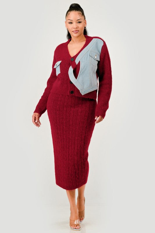 Denim Patchwork Knit Two-Piece Skirt Set See size chart under “more details”