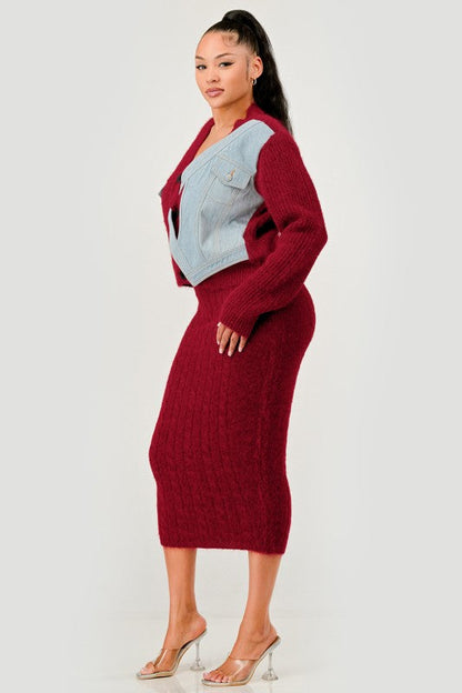 Denim Patchwork Knit Two-Piece Skirt Set See size chart under “more details”