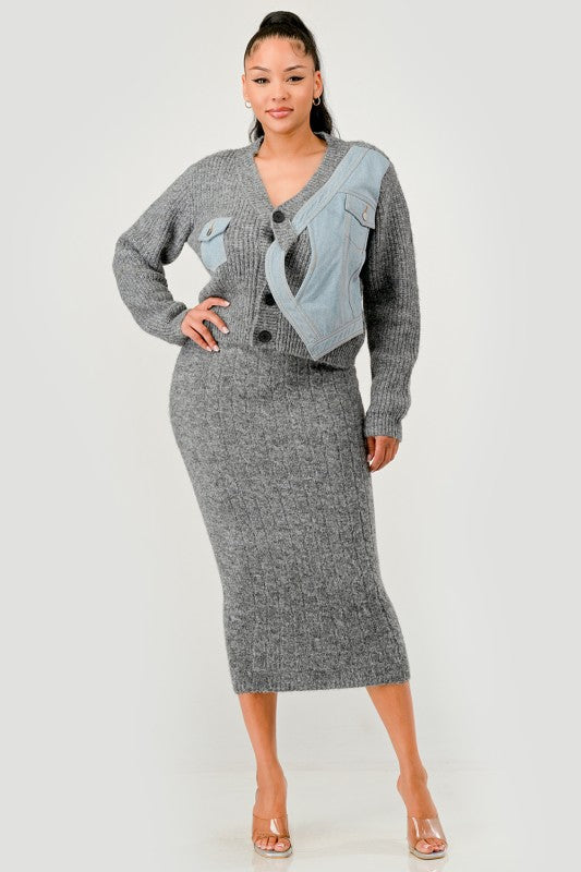 Denim Patchwork Knit Two-Piece Skirt Set See size chart under “more details”