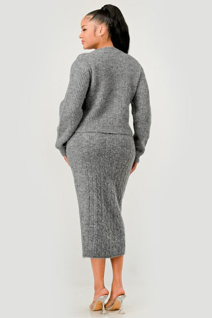 Denim Patchwork Knit Two-Piece Skirt Set See size chart under “more details”