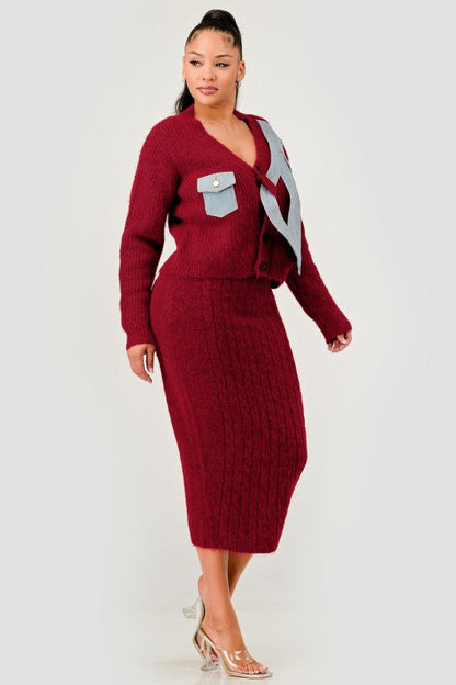 Denim Patchwork Knit Two-Piece Skirt Set See size chart under “more details”