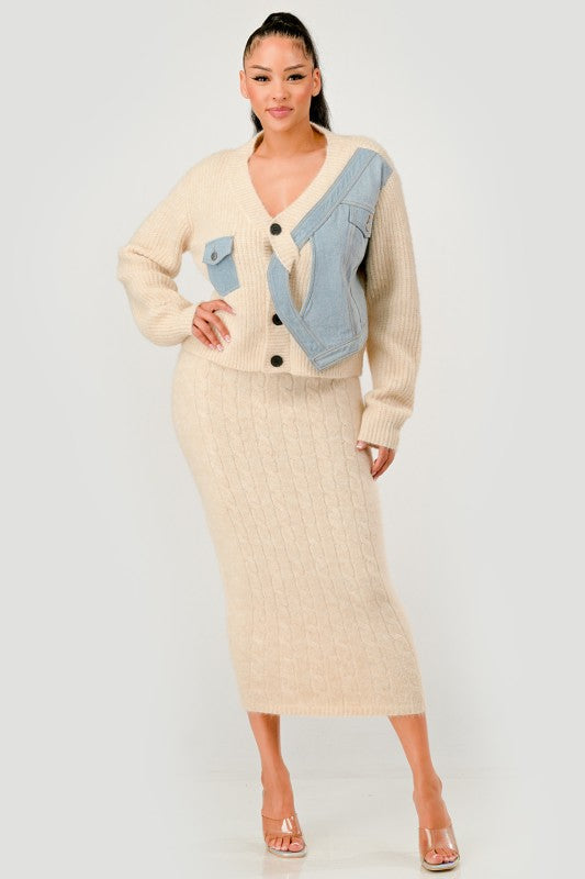 Denim Patchwork Knit Two-Piece Skirt Set See size chart under “more details”