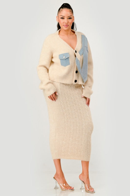 Denim Patchwork Knit Two-Piece Skirt Set See size chart under “more details”