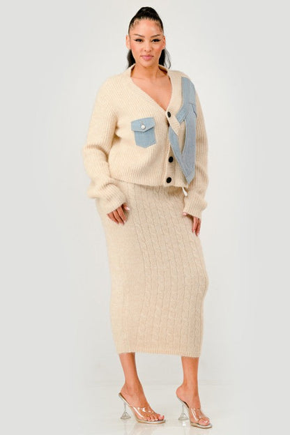 Denim Patchwork Knit Two-Piece Skirt Set See size chart under “more details”