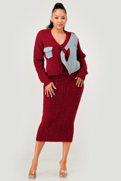 Denim Patchwork Knit Two-Piece Skirt Set See size chart under “more details”