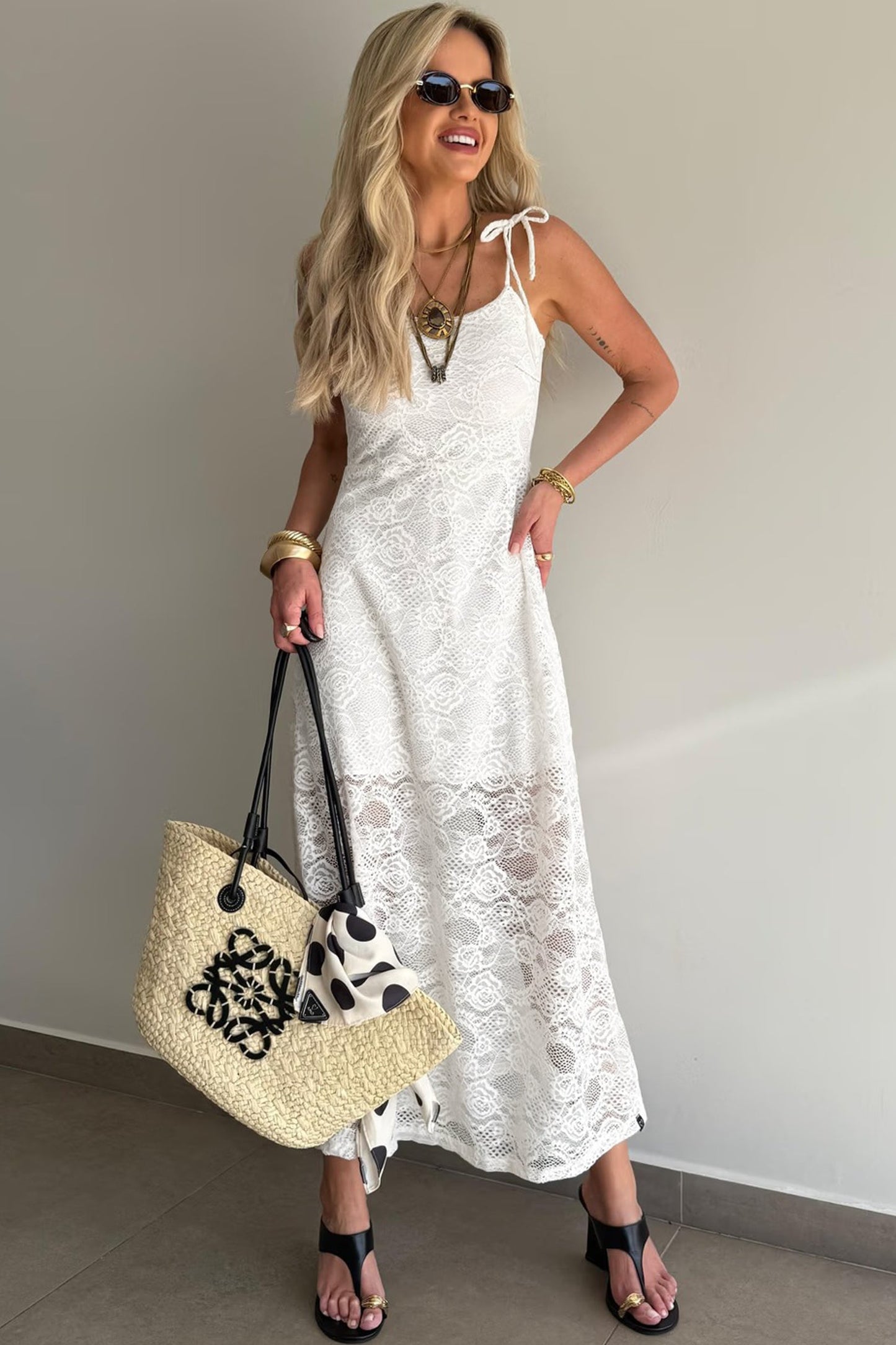 White Tie Spaghetti Straps Floral Lace Overlay Long Dress