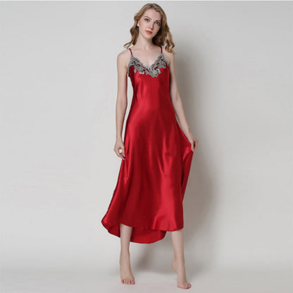Imitated Silk Lace Sexy V-neck Long Slip Nightdress Pajamas Homewear