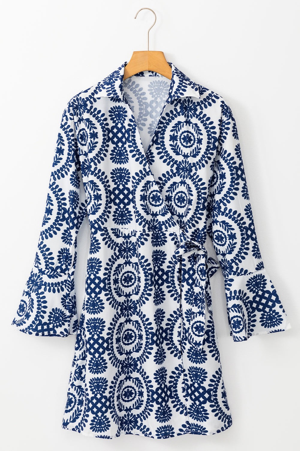 Blue Floral Print V-Neck Knot Long Sleeve Midi Dress