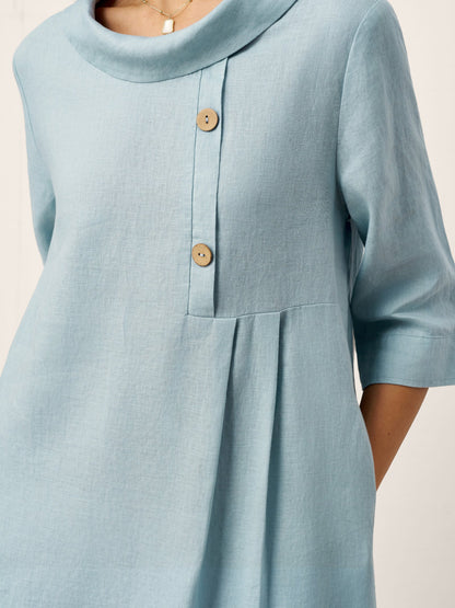 100% Linen Rolled Collar Asymmetric Button Maxi Dress ELARAINE