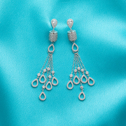 Shimmer Chandelier Earrings - Rhodium Plated 925 Silver Tassel Drop 7.5cm