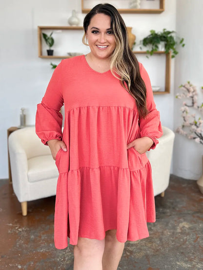 Garden Naked Women's Casual Dress Babydoll Tiered Dress with Pockets Long Sleeve Ruffle Hem Soft Cotton Blend Loose Fit