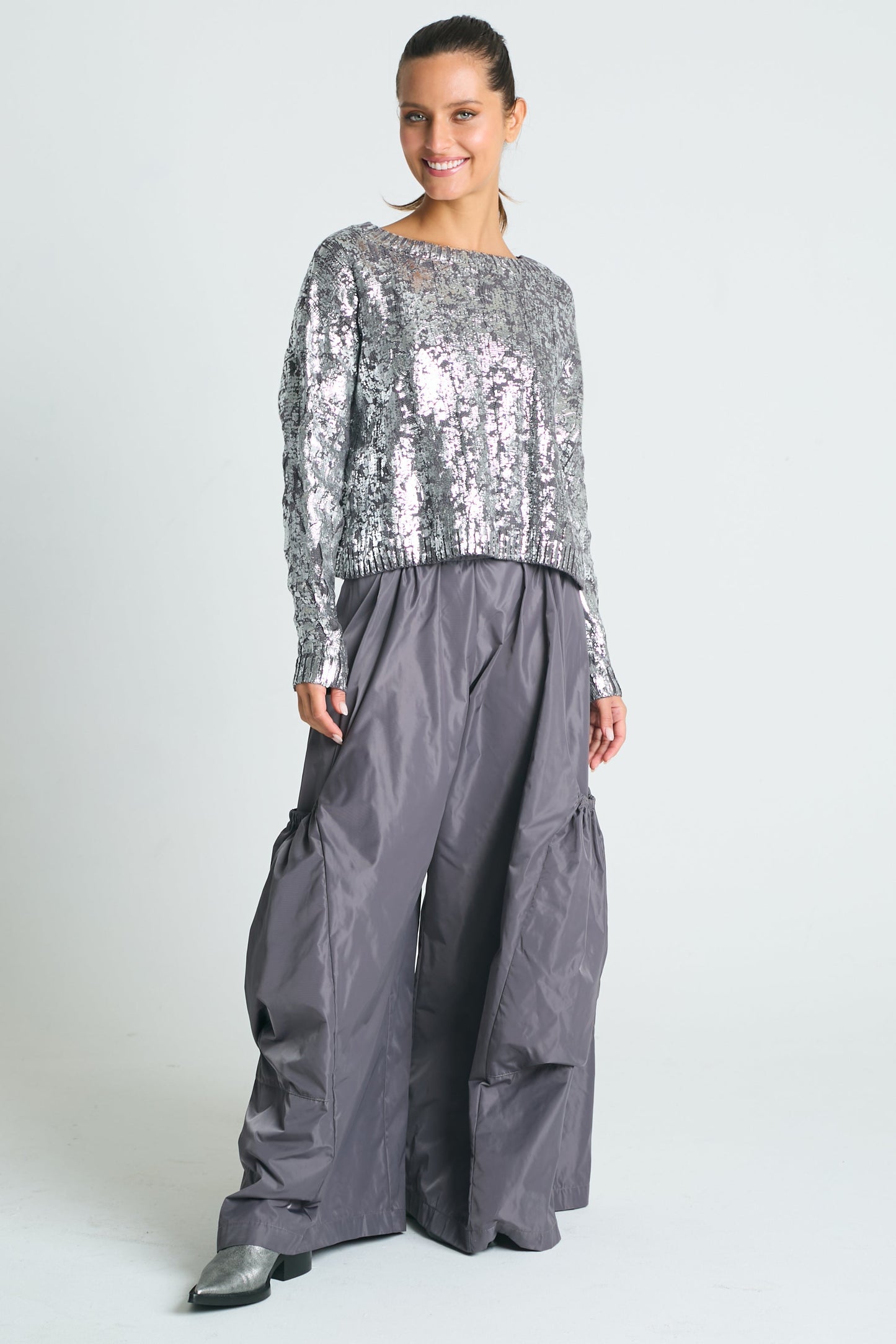 Pima Cotton Mini Foil Cable Crewneck Sweater - Lava/Silver