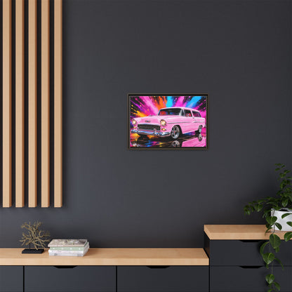 Pink Classic Station Wagon Canvas Print — Retro Car Wall Art, Framed Matte Multi‑Color Splash