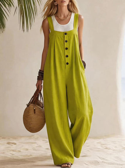 Women's Bohemian Suspender Jumpsuit with Button & Patchwork Detail