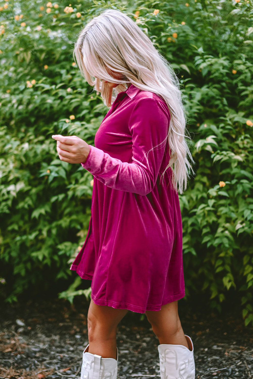 Velvet Ruffle Buttoned Long Sleeve Dress