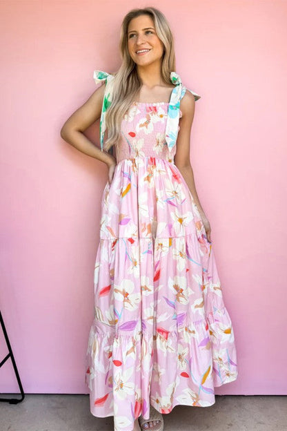 Floral Print Knotted Shoulder Smocked Maxi Dress