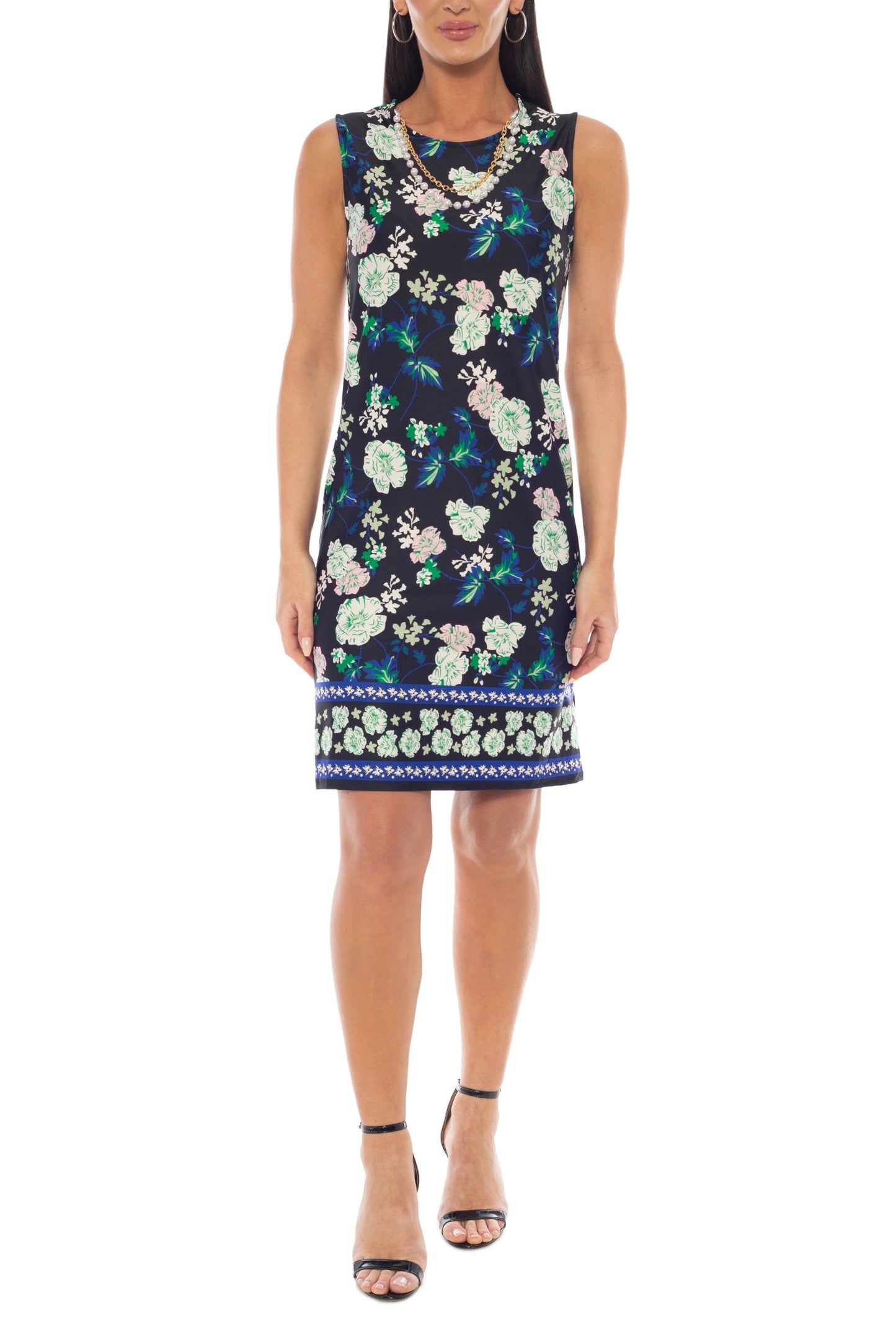 Marina Round Neckline Floral Print Sleeveless Dress Three-Quarter Sleeve Jacket With Necklace