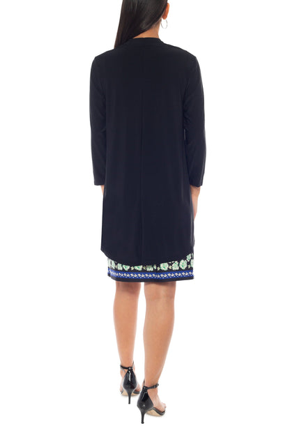 Marina Round Neckline Floral Print Sleeveless Dress Three-Quarter Sleeve Jacket With Necklace