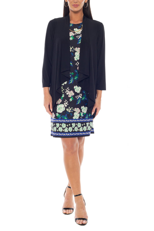 Marina Round Neckline Floral Print Sleeveless Dress Three-Quarter Sleeve Jacket With Necklace