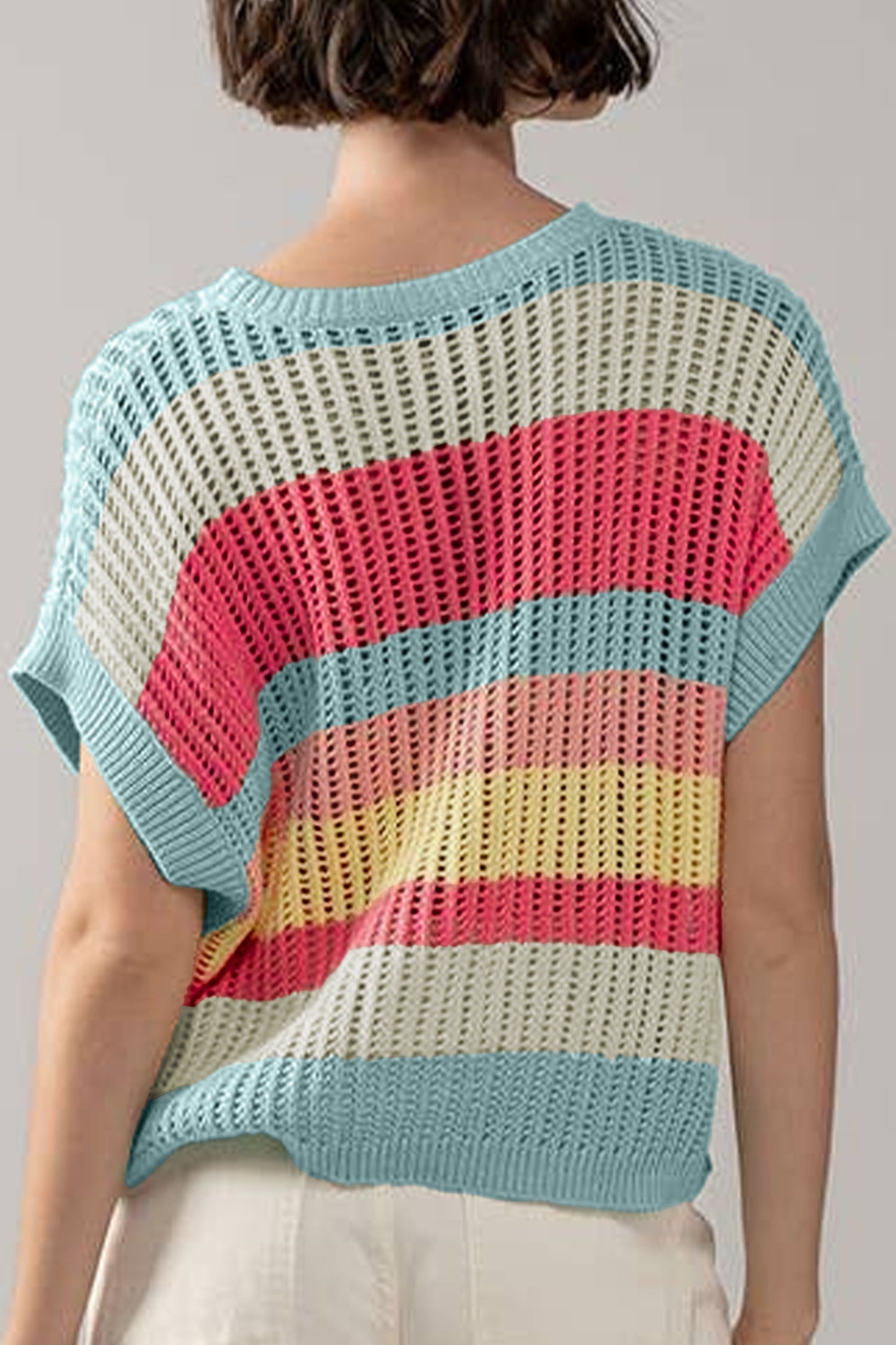 Stripe Colorblock Hollow-Out Short Sleeve Sweater