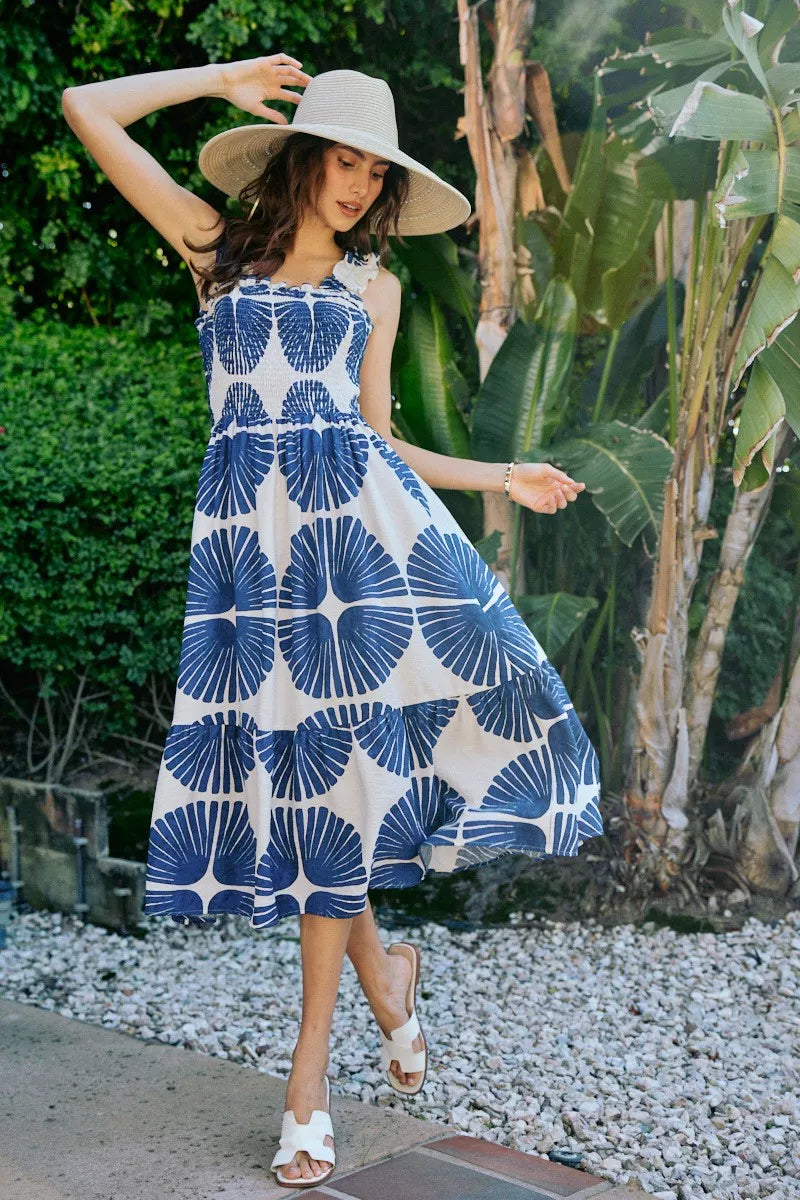 Abstract Print Smocked Bodice Tiered Lined Midi Dress