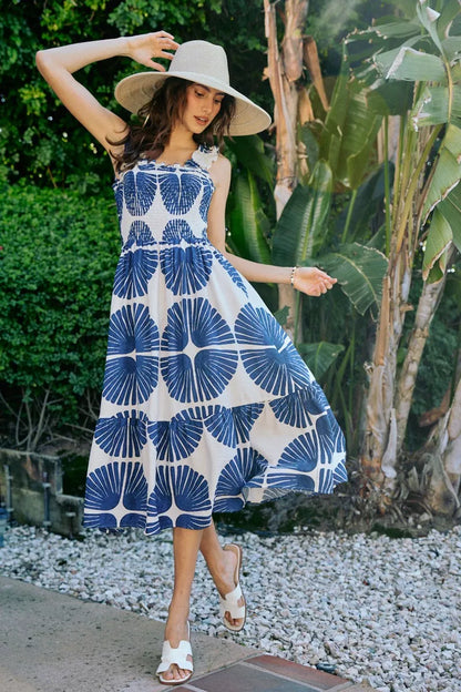 Abstract Print Smocked Bodice Tiered Lined Midi Dress