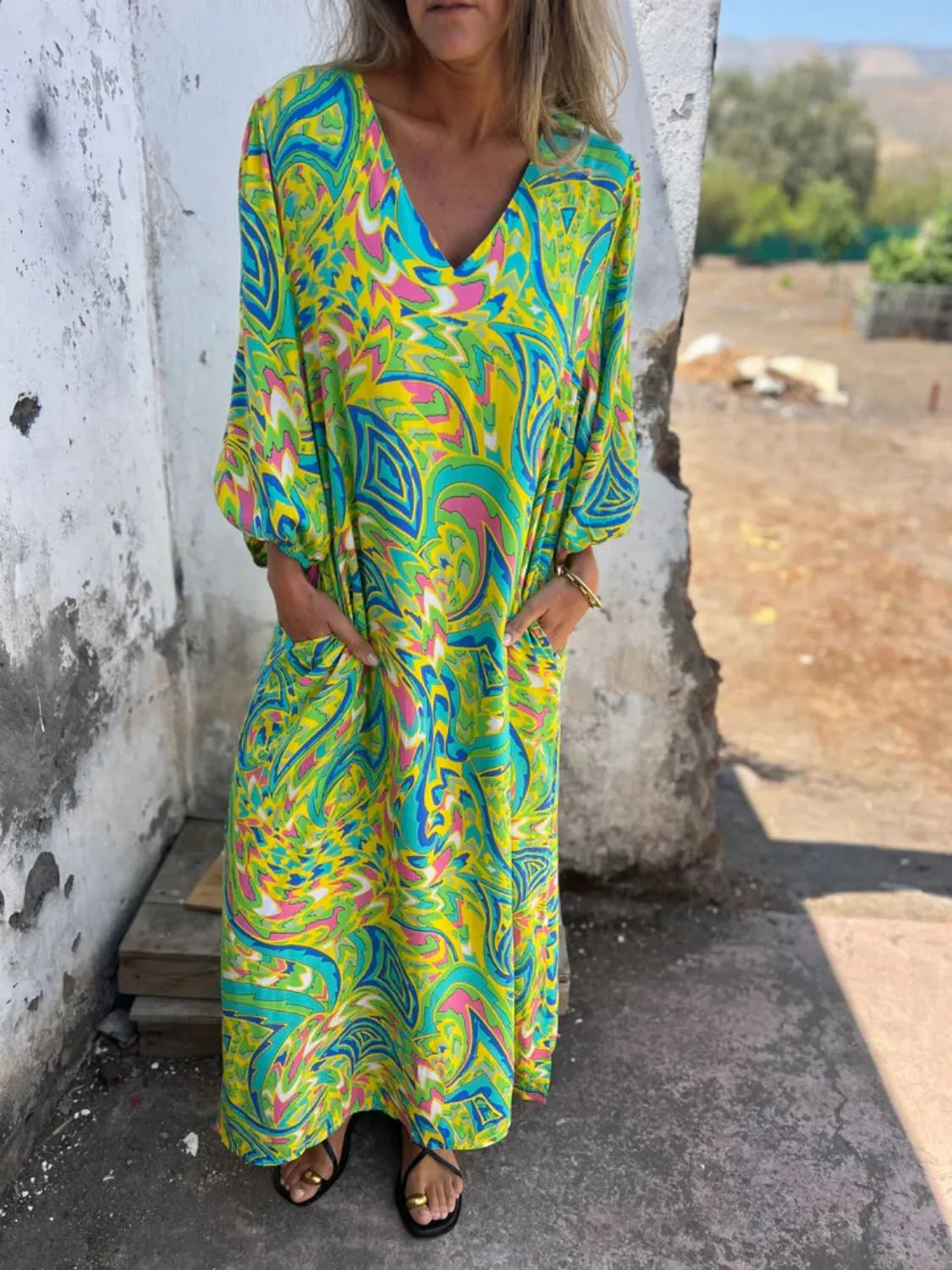 Printed V-Neck Dress with Pockets