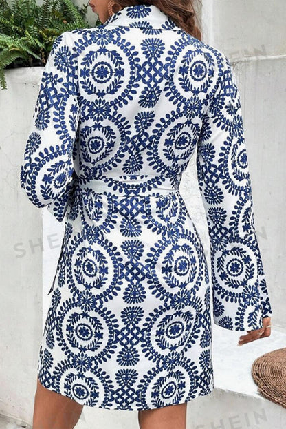 Blue Floral Print V-Neck Knot Long Sleeve Midi Dress
