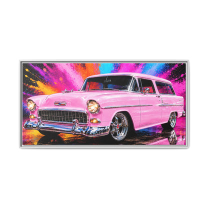 Pink Classic Station Wagon Canvas Print — Retro Car Wall Art, Framed Matte Multi‑Color Splash