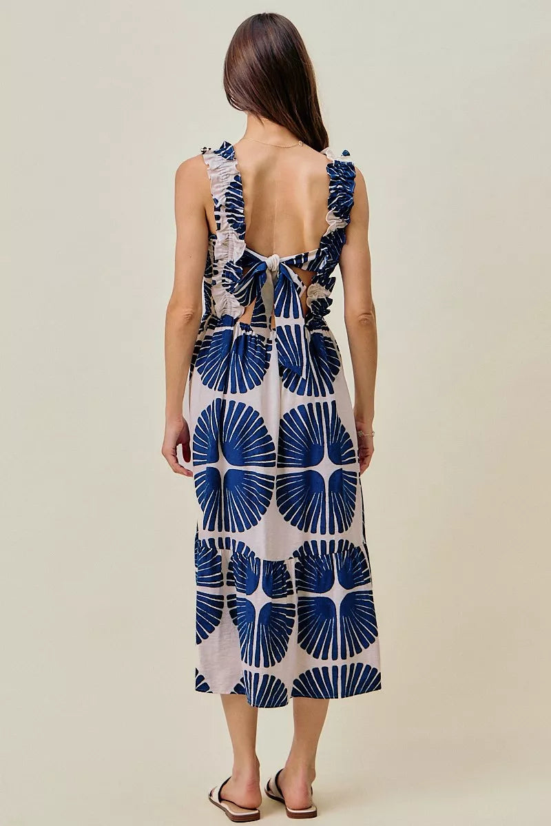 Abstract Print Smocked Bodice Tiered Lined Midi Dress