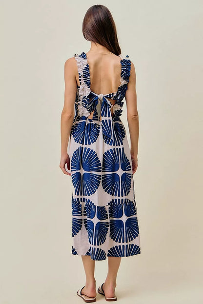 Abstract Print Smocked Bodice Tiered Lined Midi Dress