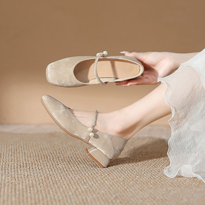 Women's Chinese-Style Square-Toe Mary Jane Flats – Microfiber Chunky-Heel Casual Shoes