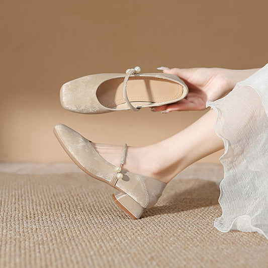 Women's Chinese-Style Square-Toe Mary Jane Flats – Microfiber Chunky-Heel Casual Shoes