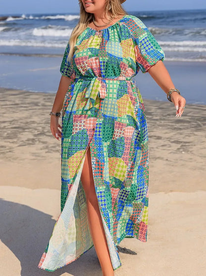 Plus Size Tied Printed Round Neck Maxi Shirt Dress