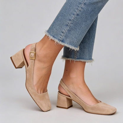 Women's Square Toe Slingback Chunky Heels – Buckle Strap Wide Fit