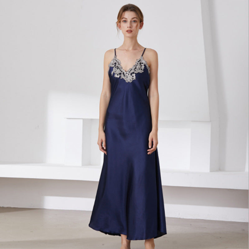 Imitated Silk Lace Sexy V-neck Long Slip Nightdress Pajamas Homewear