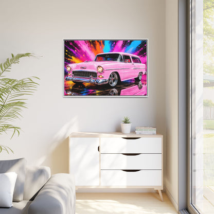 Pink Classic Station Wagon Canvas Print — Retro Car Wall Art, Framed Matte Multi‑Color Splash