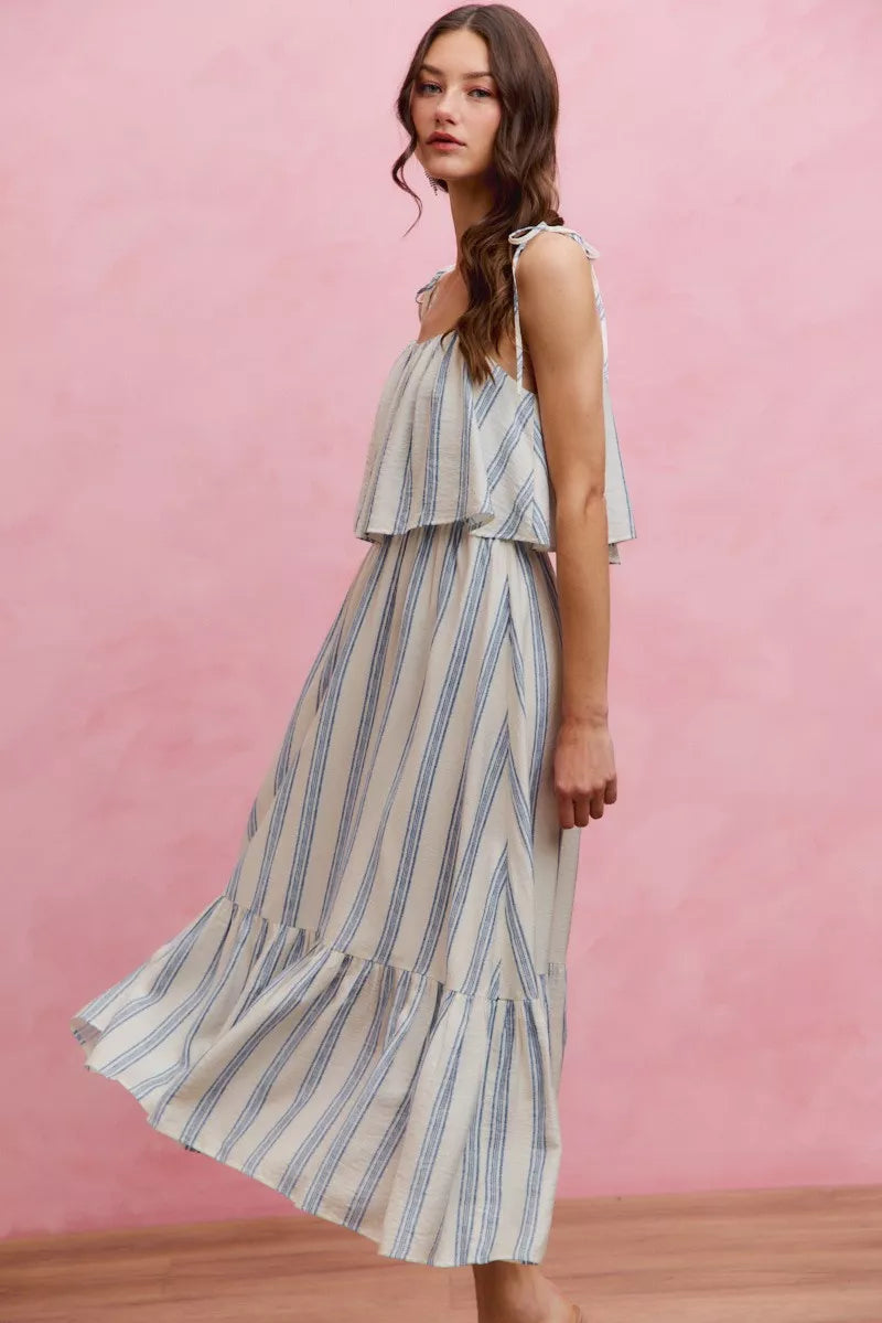 Stripe Tiered Shoulder Tie Midi Lined Dress