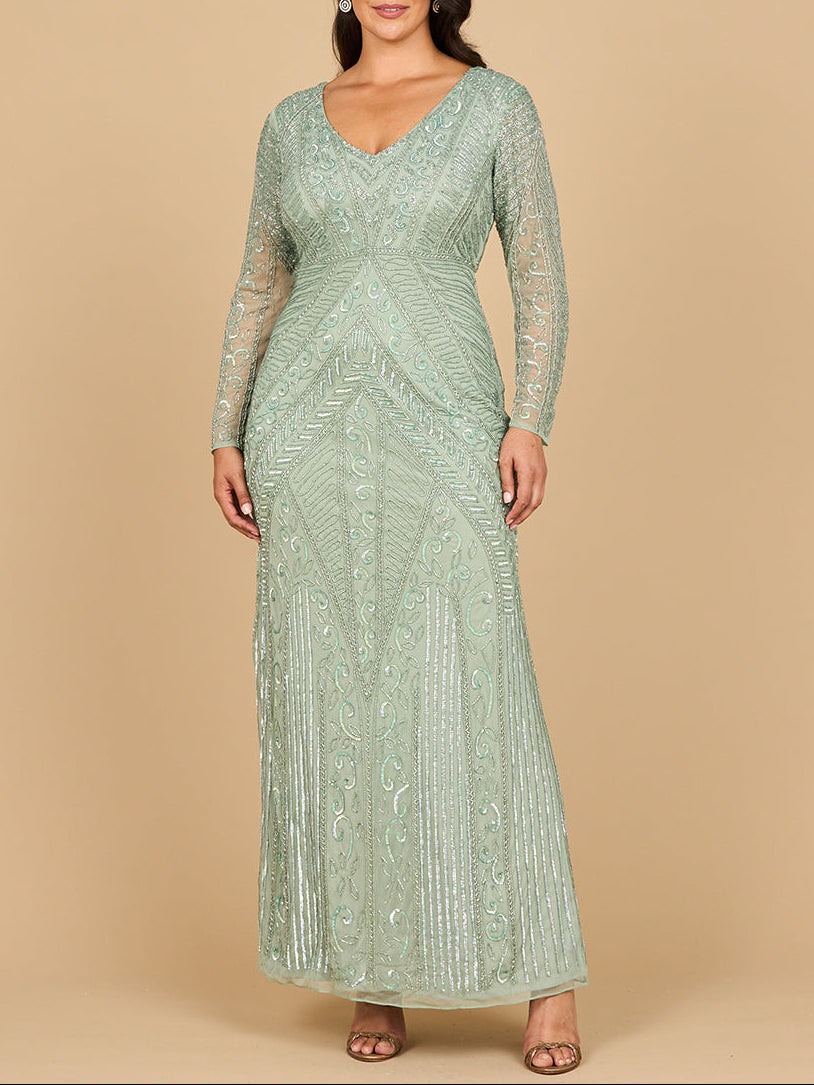 Lara 28875-  Long Sleeve Geometric Beaded Gown
