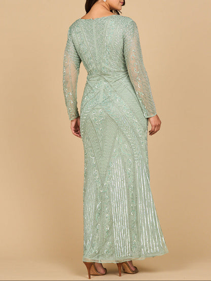 Lara 28875-  Long Sleeve Geometric Beaded Gown
