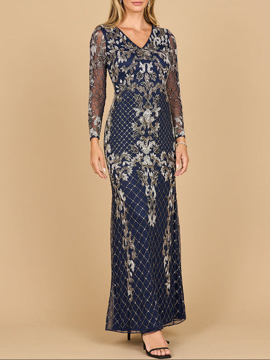 Lara 28877-  Long Sleeve Contrast Beaded Gown