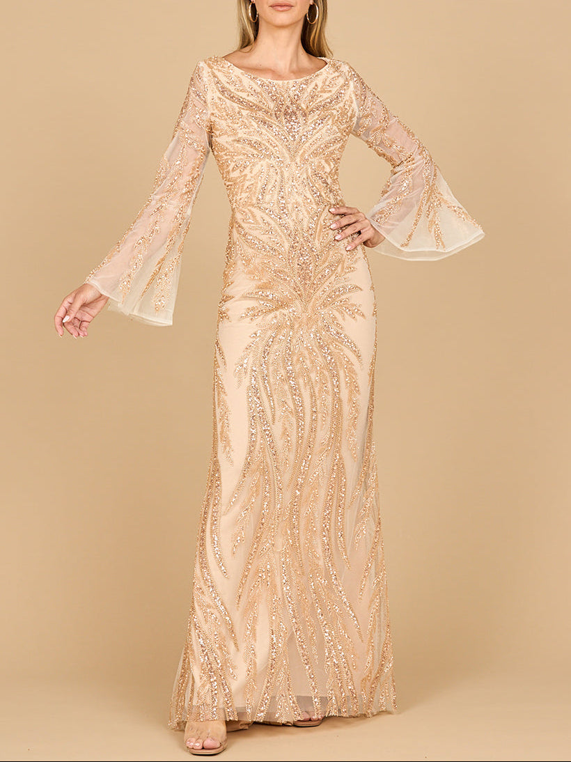 Lara 28887 - High Neck Beaded Dress with Bell Sleeves