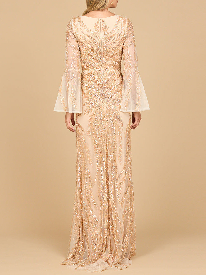 Lara 28887 - High Neck Beaded Dress with Bell Sleeves