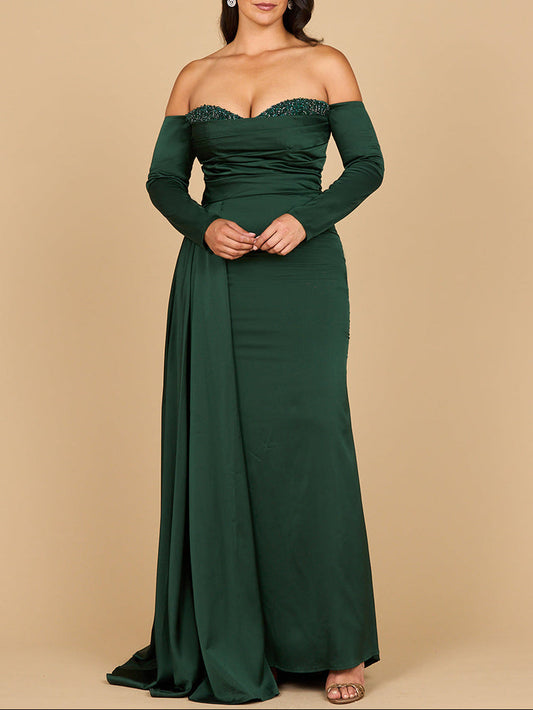 Lara 28936 - Off Shoulder Satin Dress with Beaded Details