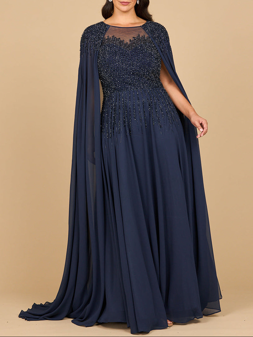 Lara 28943- Chiffon A-line Long Gown with Long Cape Sleeves
