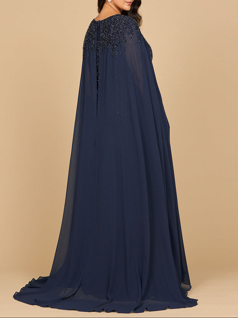 Lara 28943- Chiffon A-line Long Gown with Long Cape Sleeves