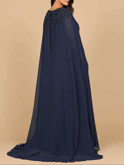 Lara 28943- Chiffon A-line Long Gown with Long Cape Sleeves