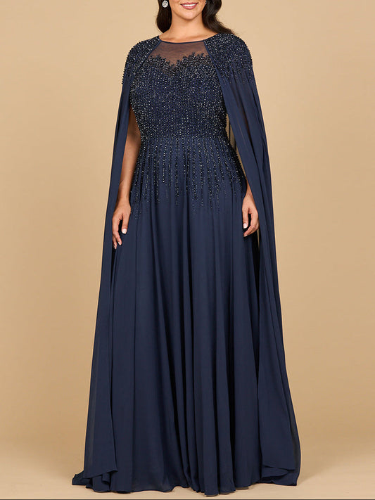 Lara 28943- Chiffon A-line Long Gown with Long Cape Sleeves