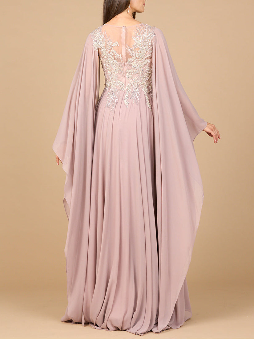Chiffon A-line Long Gown with Cape Sleeves